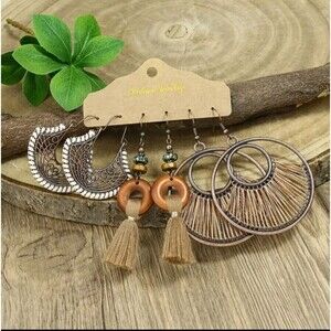 BRONZE wood beaded drop tassel earrings boho jewelry